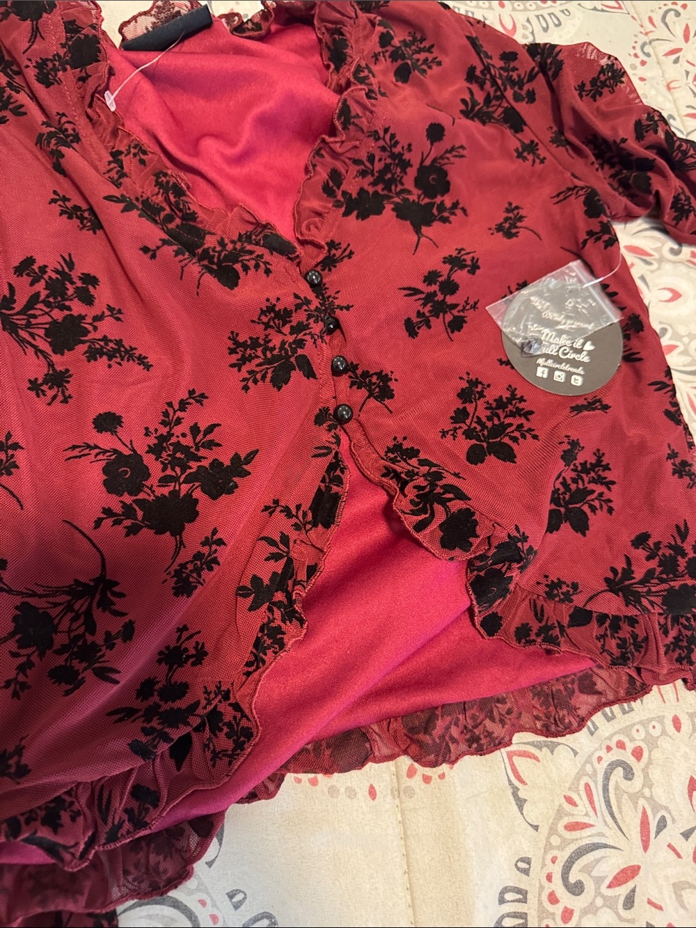 Red Velvet Floral Ruffle Cardigan - Picture 10 of 10